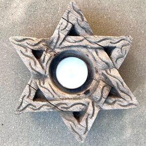 Hand Carved Wood Star of David Candle Holder